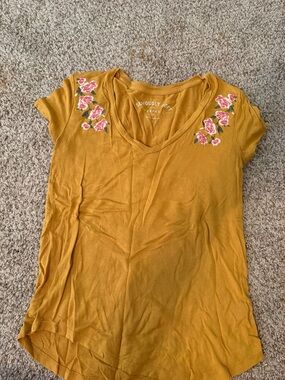 Mustard Short Sleeve V-Neck Tee with Pink Floral Embroidery